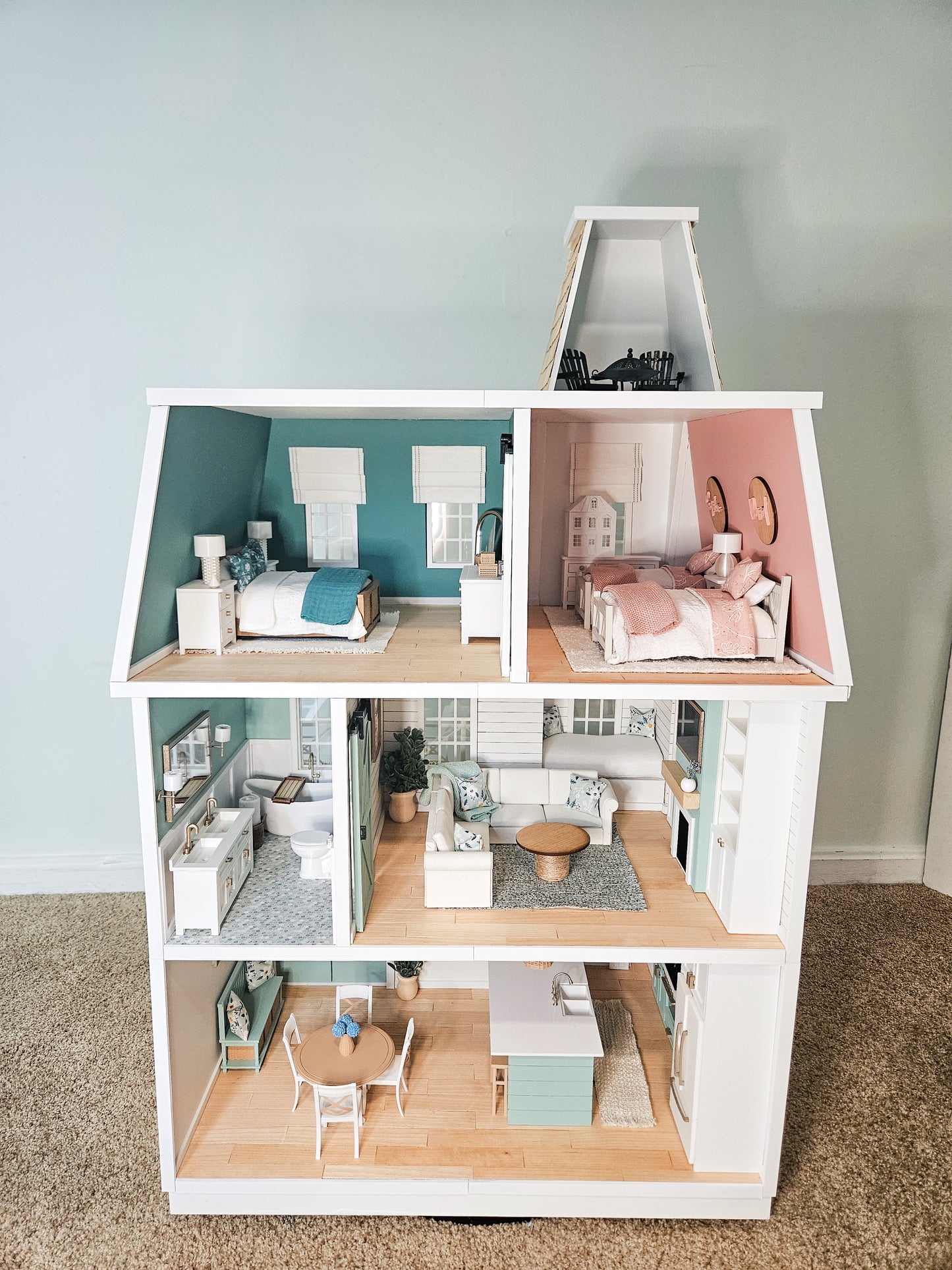 SOLD "Seaglass Ave" - Fully Furnished Dollhouse With Modern Miniature Furniture and Decor, 1:12 Scale Modern Dollhouse