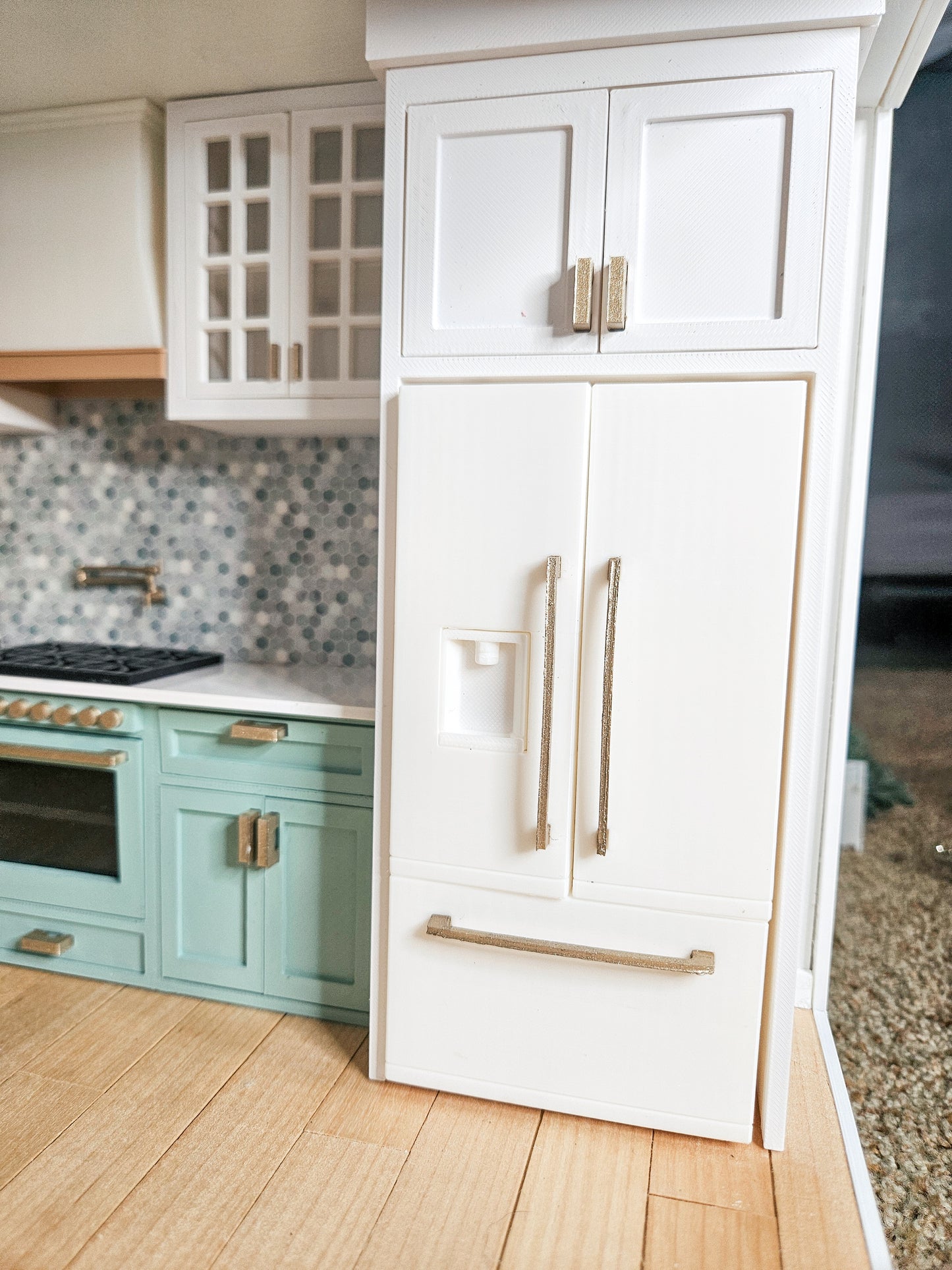 Dollhouse Kitchen, 1:12 Scale, Miniature Kitchen Furniture Set, Unpainted Dollhouse Kitchen, Mini Fridge Cabinets Island Full Kitchen