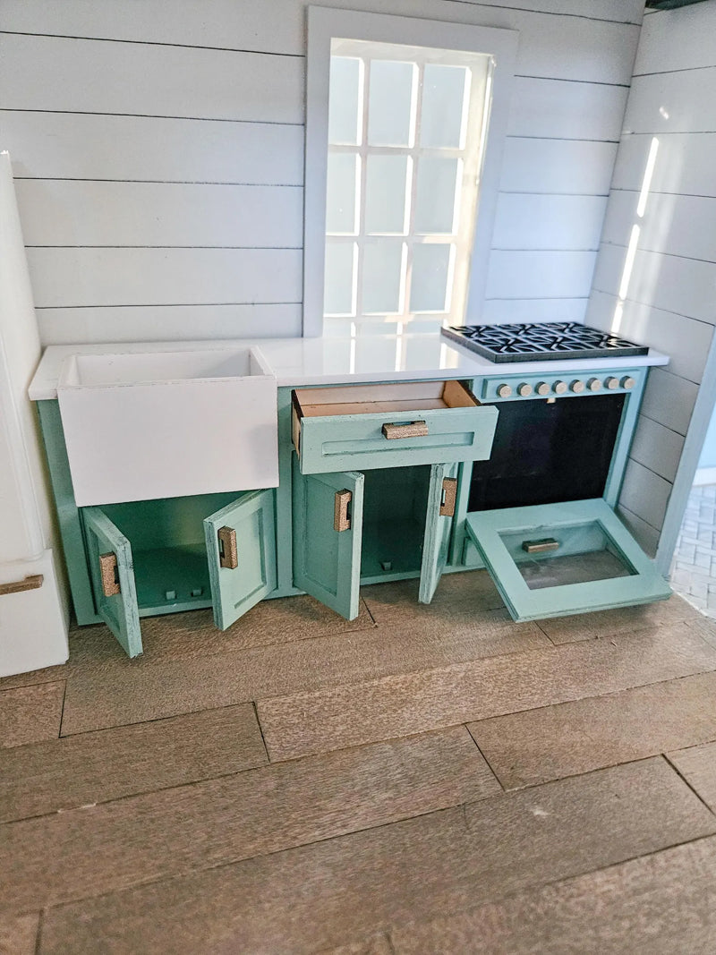 Dollhouse Kitchen Cabinets (Unpainted) With Mini Sink and Oven, Miniature Food, 1:12 Scale, Mini Kitchen, With Opening Cabinets and Drawers