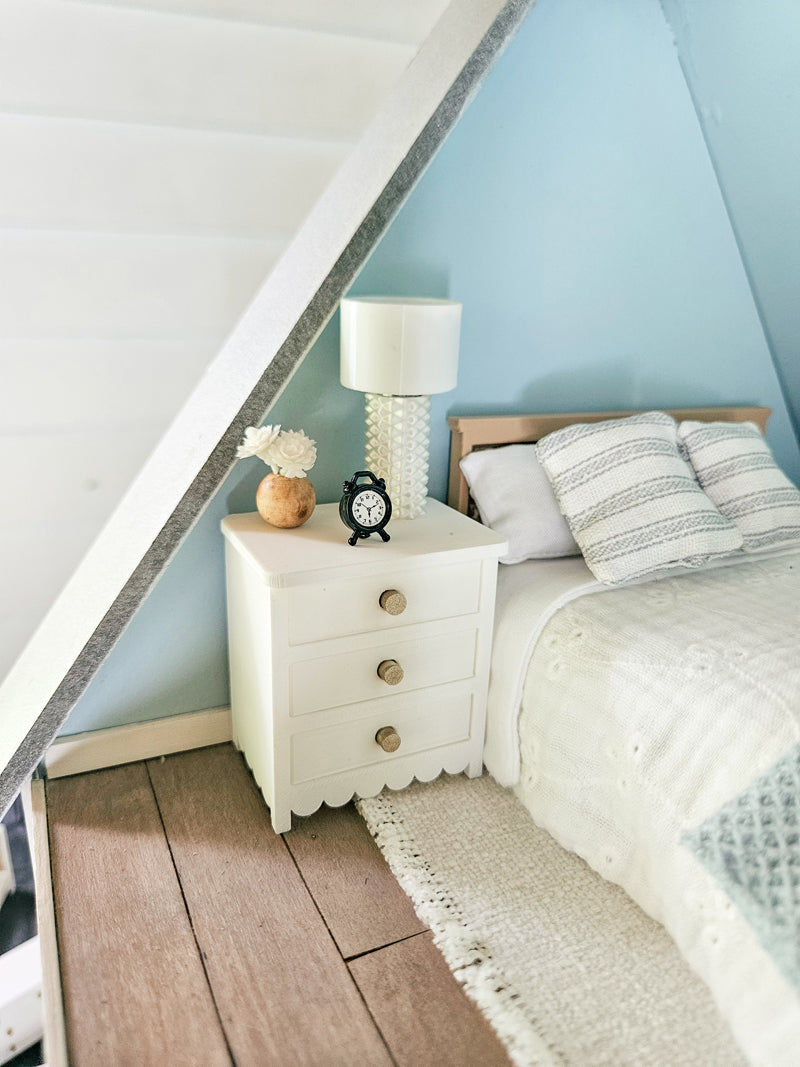 Dollhouse Miniature Nightstand (Unpainted) with Scallops and Opening Drawers, Dollhouse Nightstand, Mini Decor, Mini End Table, 1:12 Scale