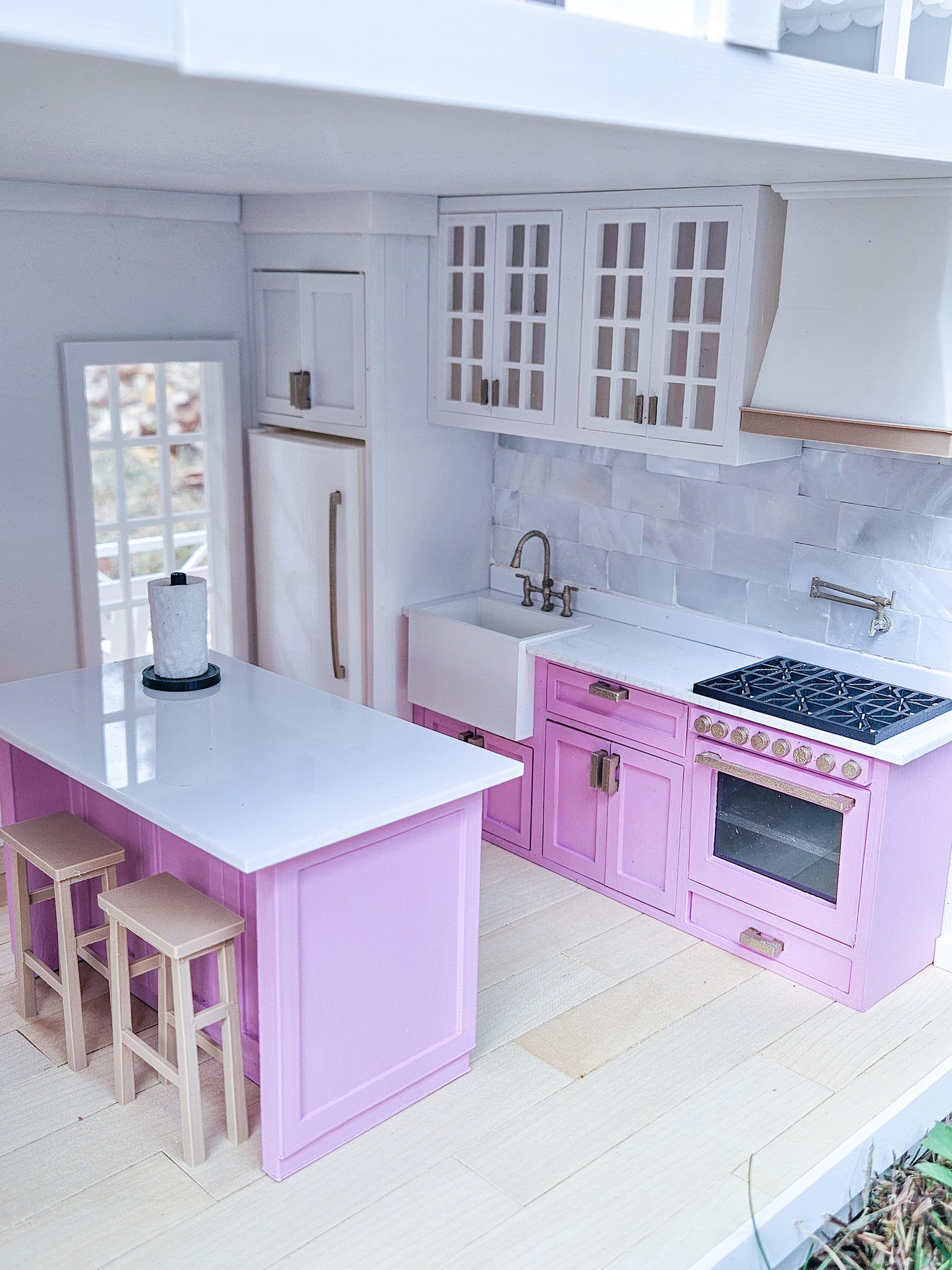 Dollhouse Kitchen, 1:12 Scale, Miniature Kitchen Furniture Set, Unpainted Dollhouse Kitchen, Mini Fridge Cabinets Island Full Kitchen
