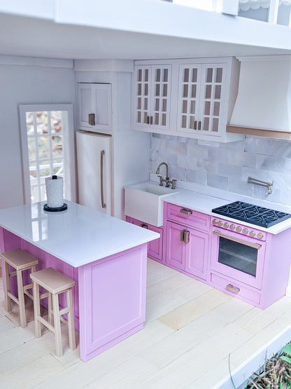 Dollhouse Kitchen, 1:12 Scale, Miniature Kitchen Furniture Set, Unpainted Dollhouse Kitchen, Mini Fridge Cabinets Island Full Kitchen