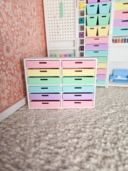 Dollhouse Miniature Craft Cubby with Drawers, 1:12 Scale Craft Cabinet