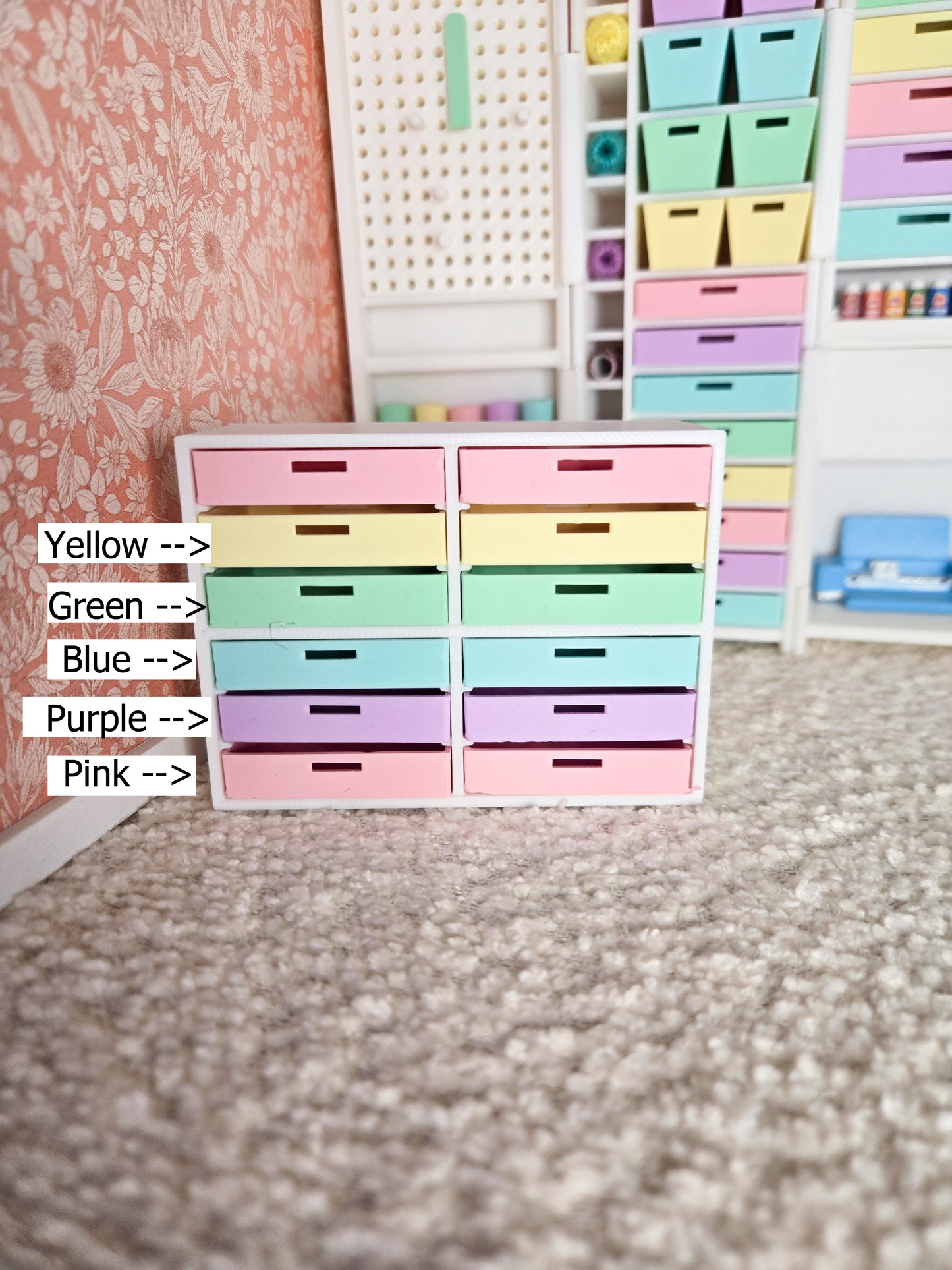 Dollhouse Miniature Craft Cubby with Drawers, 1:12 Scale Craft Cabinet