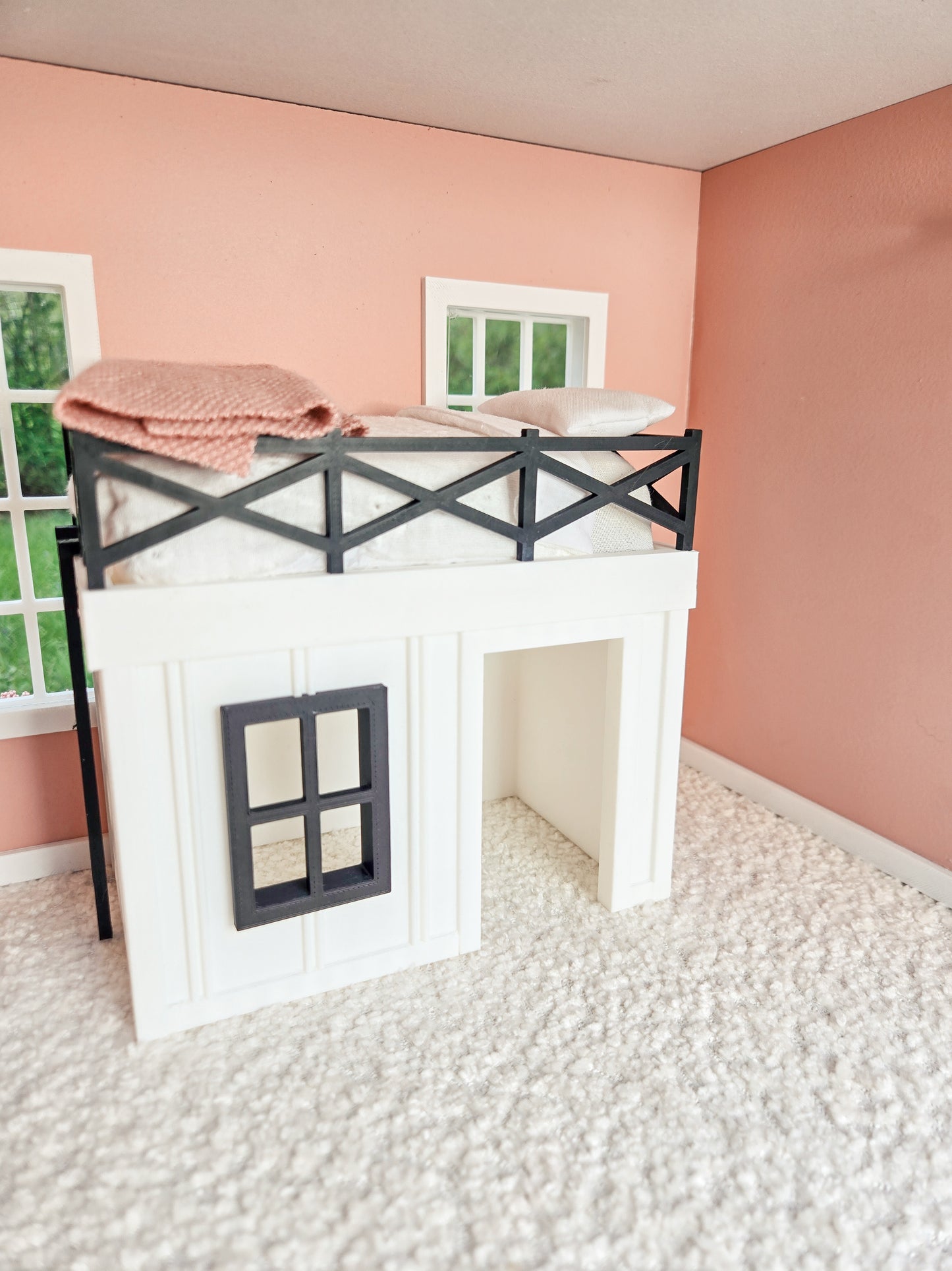 Dollhouse Miniature Loft Bed Frame (No Mattress), Coastal Mini Bed, Modern Dollhouse Furniture, Mini Bedroom Decor, 1:12 Scale
