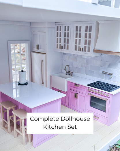 Dollhouse Kitchen, 1:12 Scale, Miniature Kitchen Furniture Set, Unpainted Dollhouse Kitchen, Mini Fridge Cabinets Island Full Kitchen