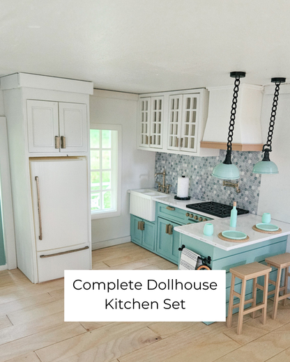 Dollhouse Kitchen, 1:12 Scale, Miniature Kitchen Furniture Set, Unpainted Dollhouse Kitchen, Mini Fridge Cabinets Range Hood Full Kitchen