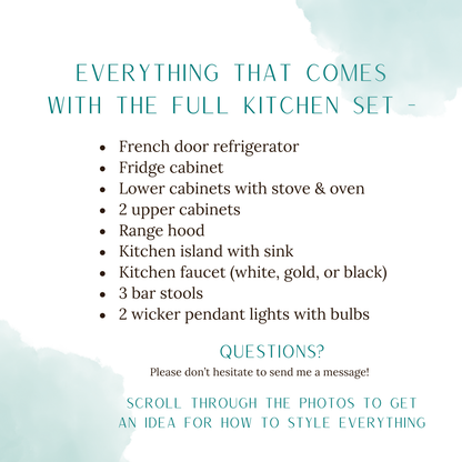 Dollhouse Kitchen, 1:12 Scale, Miniature Kitchen Furniture Set, Unpainted Dollhouse Kitchen, Mini Fridge Cabinets Island Full Kitchen