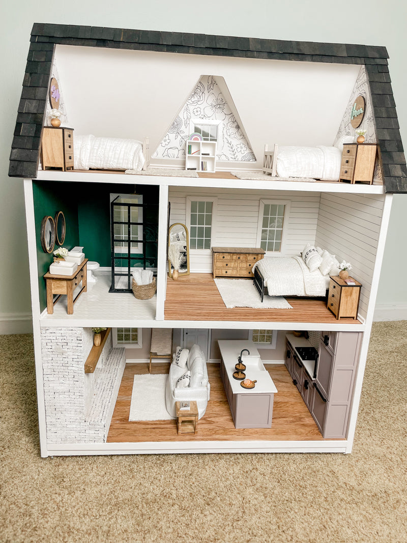 SOLD "Blue River" - Fully Furnished Dollhouse With Modern Miniature Furniture and Decor, 1:12 Scale Modern Dollhouse
