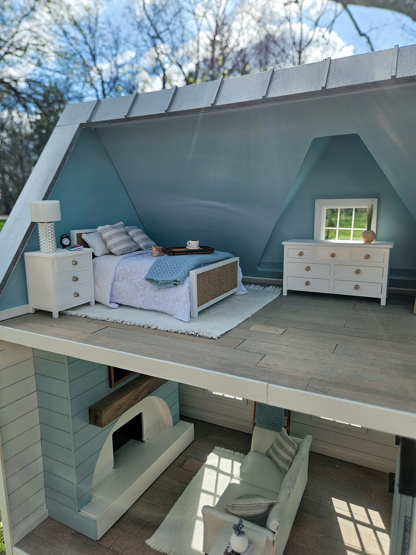 SOLD "Bluebell Lane" - Fully Furnished Dollhouse With Modern Miniature Furniture and Decor, 1:12 Scale Modern Dollhouse