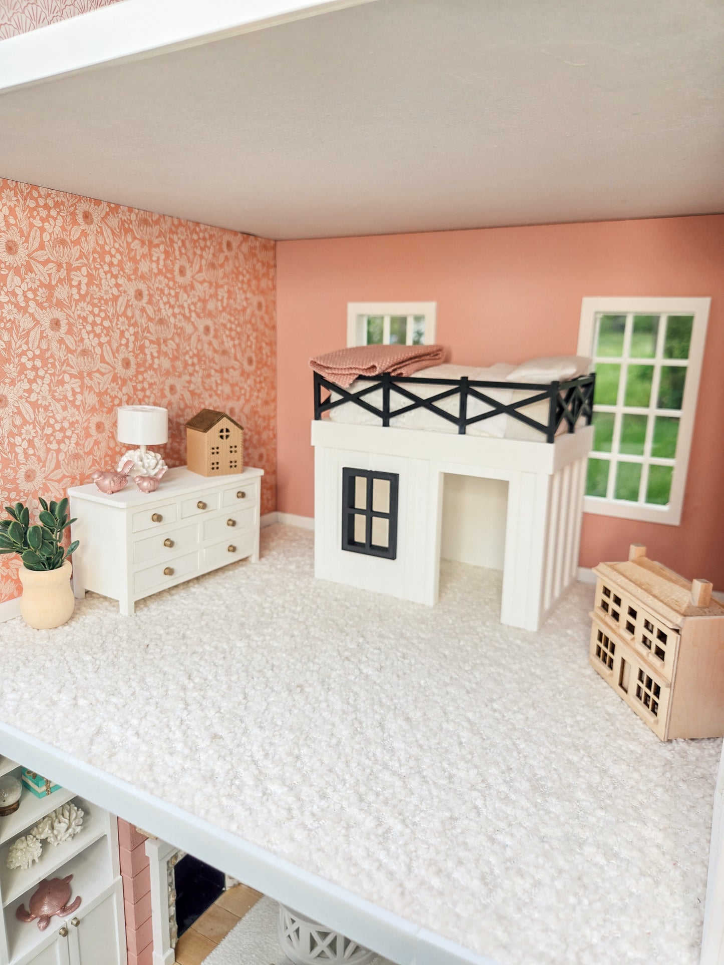 Dollhouse Miniature Loft Bed Frame (No Mattress), Coastal Mini Bed, Modern Dollhouse Furniture, Mini Bedroom Decor, 1:12 Scale