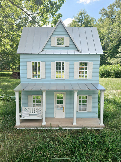 SOLD "Hydrangea Avenue" - Fully Furnished Dollhouse With Modern Miniature Furniture and Decor, 1:12 Scale Modern Dollhouse