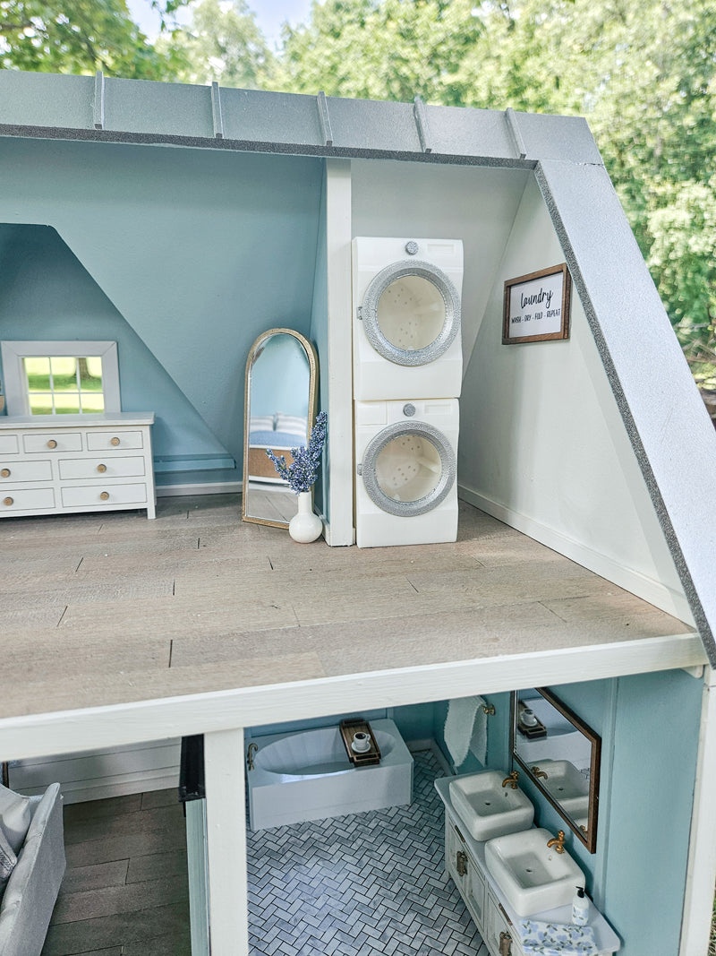 SOLD "Hydrangea Avenue" - Fully Furnished Dollhouse With Modern Miniature Furniture and Decor, 1:12 Scale Modern Dollhouse