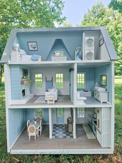 SOLD "Hydrangea Avenue" - Fully Furnished Dollhouse With Modern Miniature Furniture and Decor, 1:12 Scale Modern Dollhouse