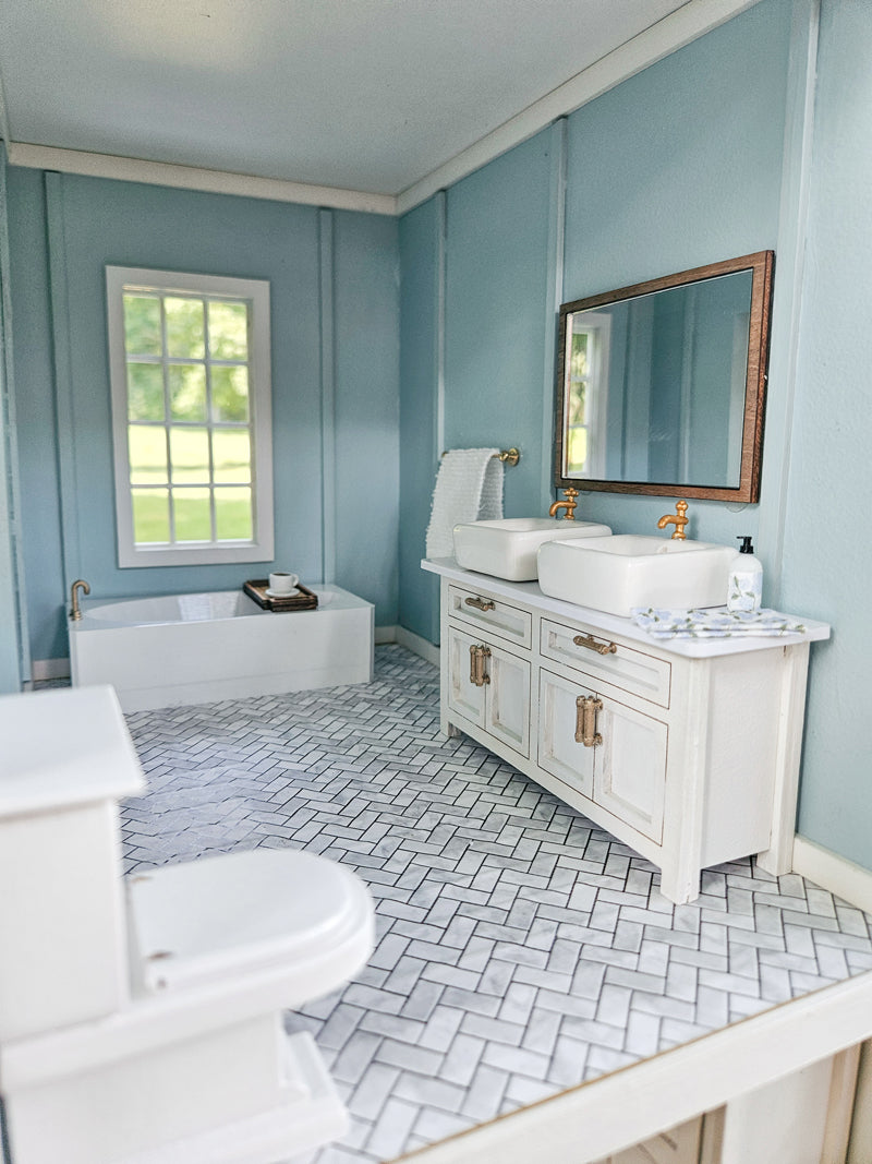 SOLD "Hydrangea Avenue" - Fully Furnished Dollhouse With Modern Miniature Furniture and Decor, 1:12 Scale Modern Dollhouse