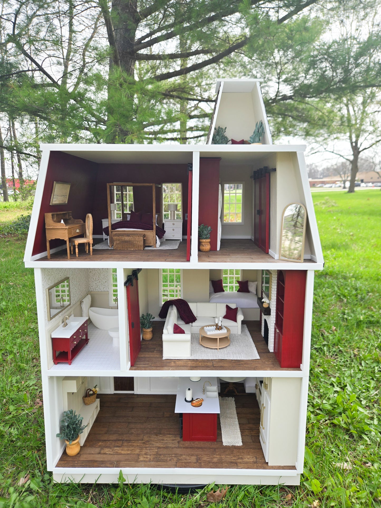 SOLD "Scarlet Drive" - Fully Furnished Dollhouse With Modern Miniature Furniture and Decor, 1:12 Scale Modern Dollhouse