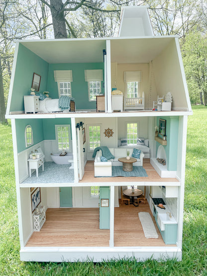 SOLD "Seacrest Lane" - Fully Furnished Dollhouse With Modern Miniature Furniture and Decor, 1:12 Scale Modern Dollhouse
