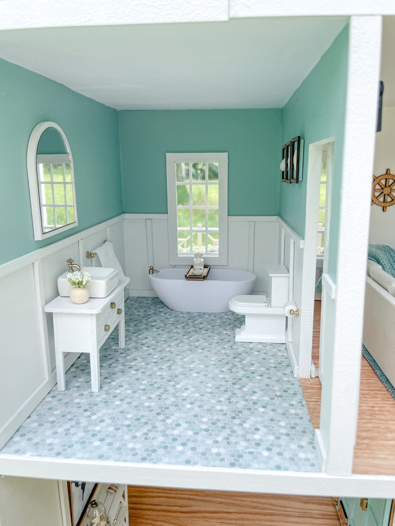 SOLD "Seacrest Lane" - Fully Furnished Dollhouse With Modern Miniature Furniture and Decor, 1:12 Scale Modern Dollhouse