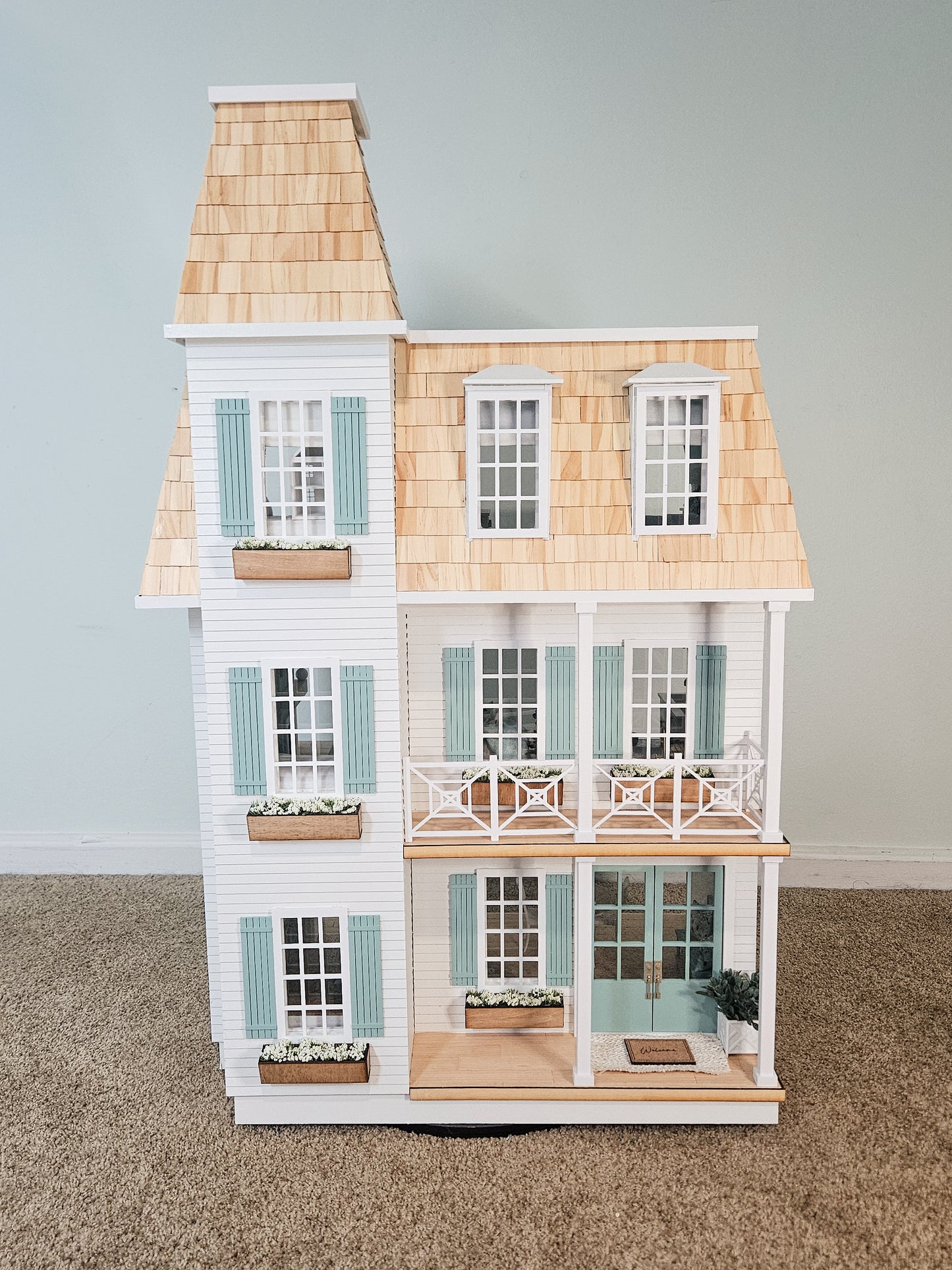 SOLD "Seaglass Ave" - Fully Furnished Dollhouse With Modern Miniature Furniture and Decor, 1:12 Scale Modern Dollhouse