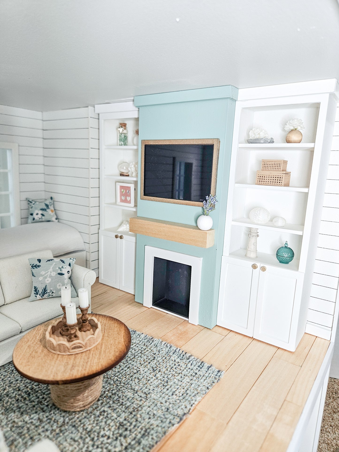 SOLD "Seaglass Ave" - Fully Furnished Dollhouse With Modern Miniature Furniture and Decor, 1:12 Scale Modern Dollhouse