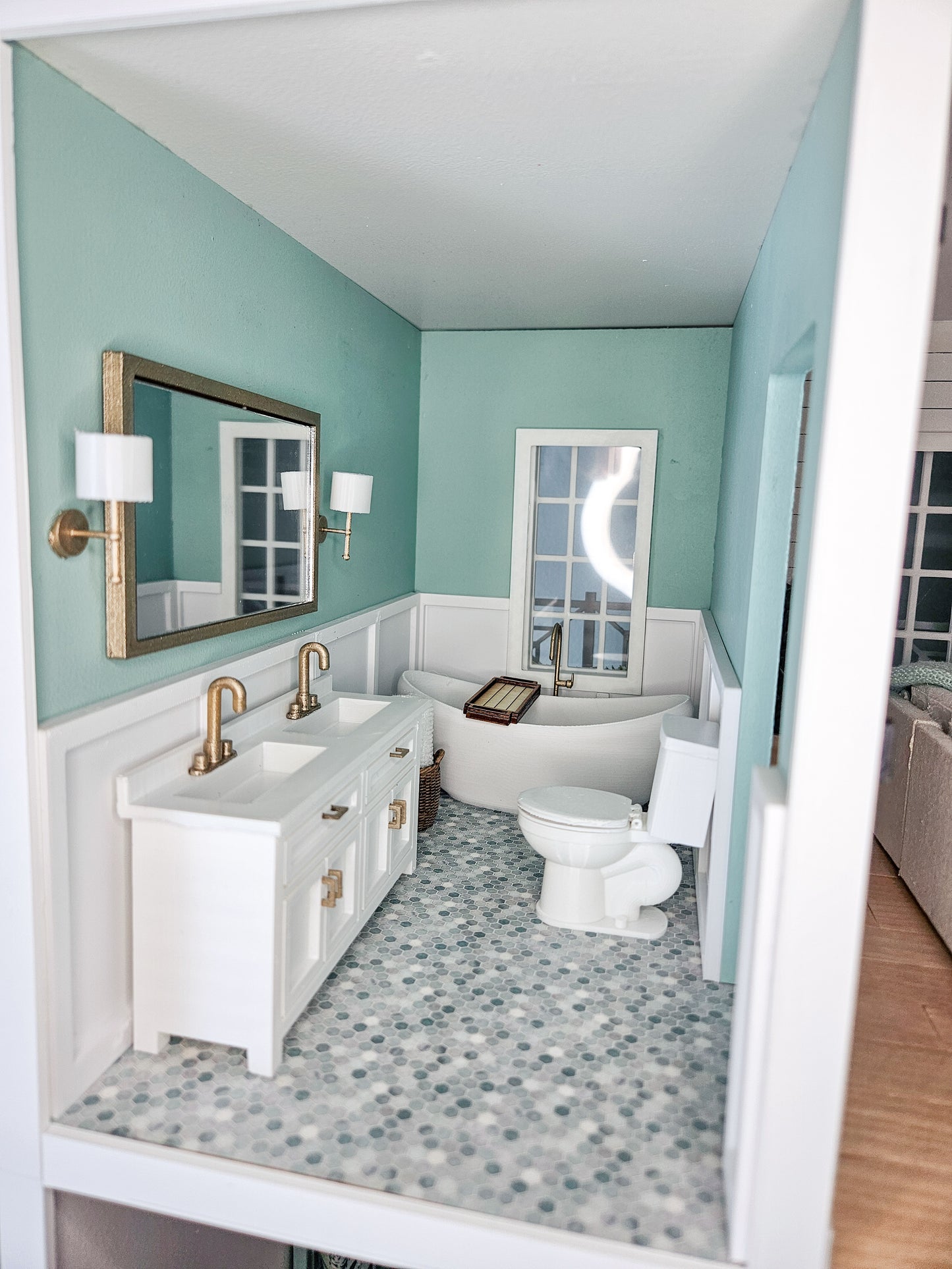 SOLD "Seaglass Ave" - Fully Furnished Dollhouse With Modern Miniature Furniture and Decor, 1:12 Scale Modern Dollhouse