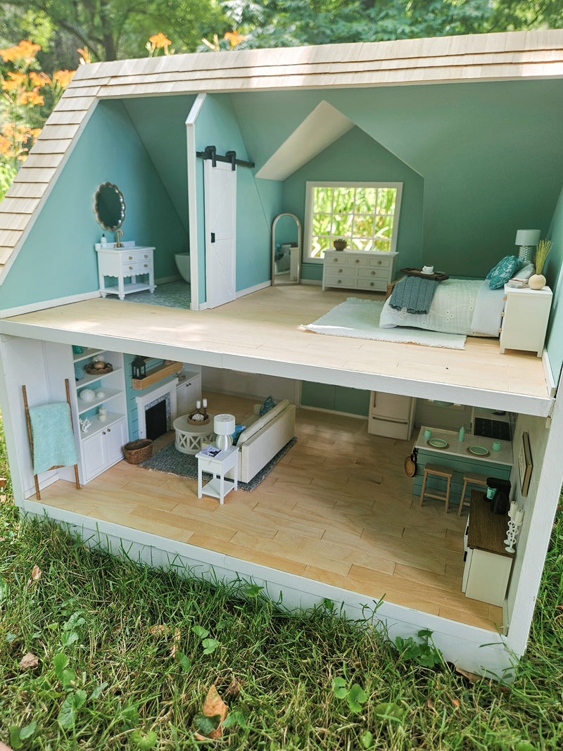 SOLD "Seashore Drive" - Fully Furnished Dollhouse With Modern Miniature Furniture and Decor, 1:12 Scale Modern Dollhouse