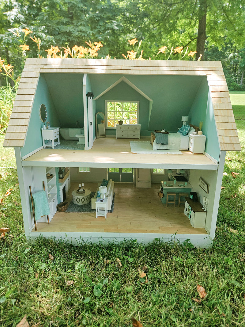 SOLD "Seashore Drive" - Fully Furnished Dollhouse With Modern Miniature Furniture and Decor, 1:12 Scale Modern Dollhouse