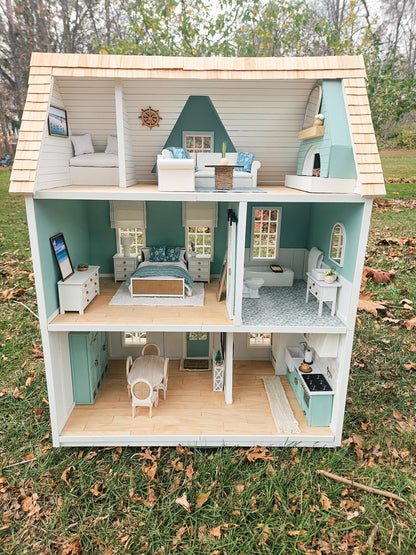 SOLD "Serene Seas" - Fully Furnished Dollhouse With Modern Miniature Furniture and Decor, 1:12 Scale Modern Dollhouse