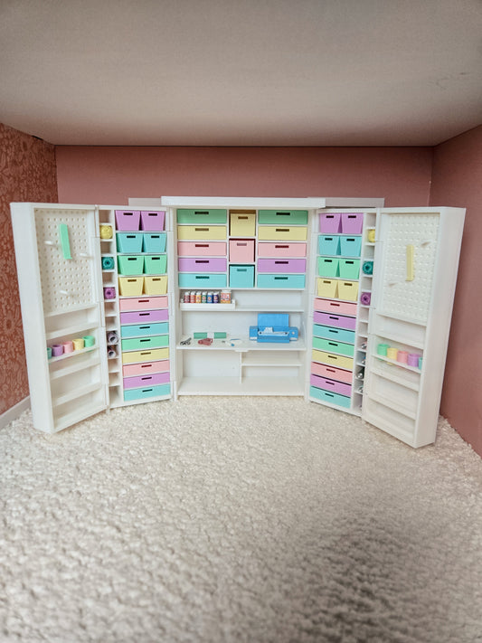 Dollhouse Miniature Craft Cabinet with Opening Doors and Drawers, 1:12 Scale Craft Cabinet