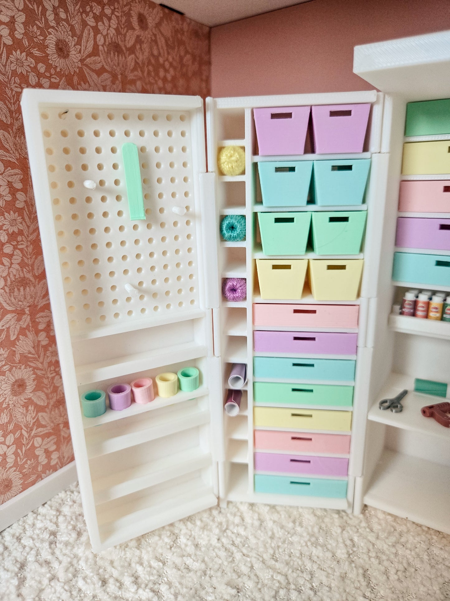 Dollhouse Miniature Craft Cabinet with Opening Doors and Drawers, 1:12 Scale Craft Cabinet
