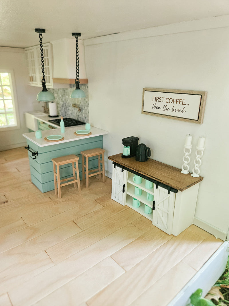 SOLD "Seashore Drive" - Fully Furnished Dollhouse With Modern Miniature Furniture and Decor, 1:12 Scale Modern Dollhouse