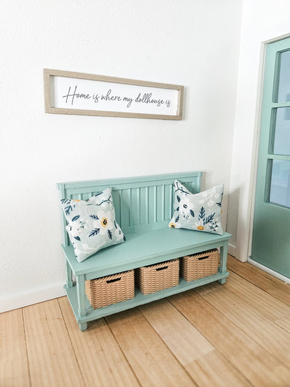 Dollhouse Miniature Bench with Baskets (Unpainted), Dollhouse Entryway Bench, Mini Decor, Dollhouse Accessories, Mini Bench, 1:12 Scale