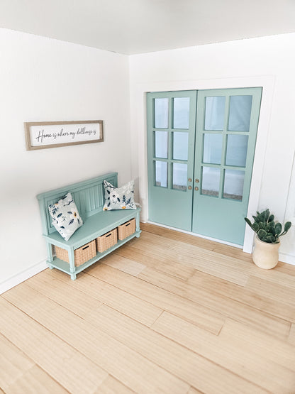 Dollhouse Miniature Bench with Baskets (Unpainted), Dollhouse Entryway Bench, Mini Decor, Dollhouse Accessories, Mini Bench, 1:12 Scale