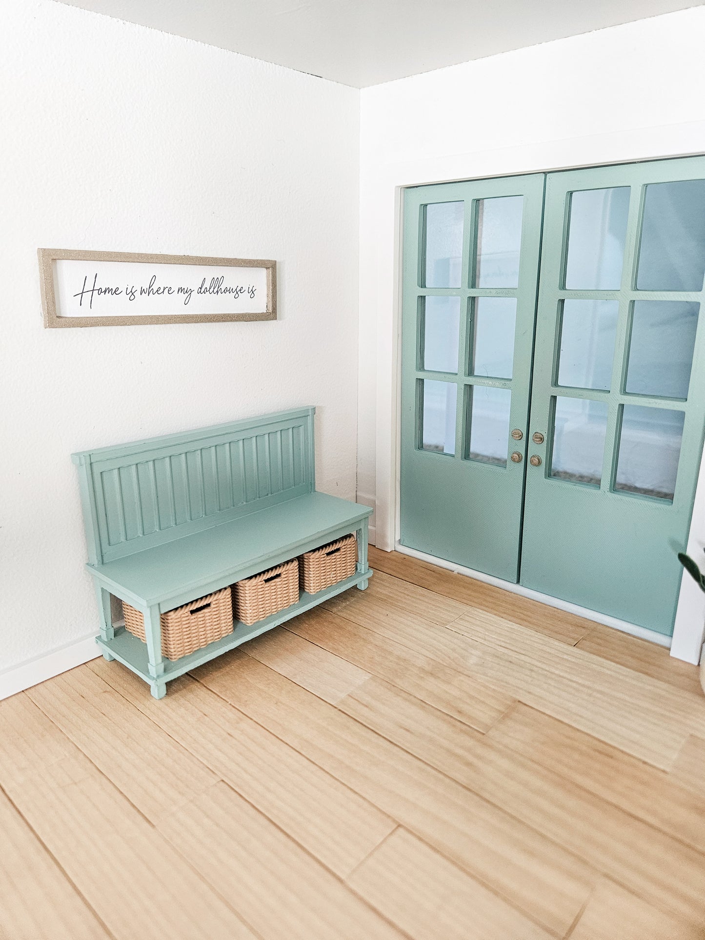 Dollhouse Miniature Bench with Baskets (Unpainted), Dollhouse Entryway Bench, Mini Decor, Dollhouse Accessories, Mini Bench, 1:12 Scale