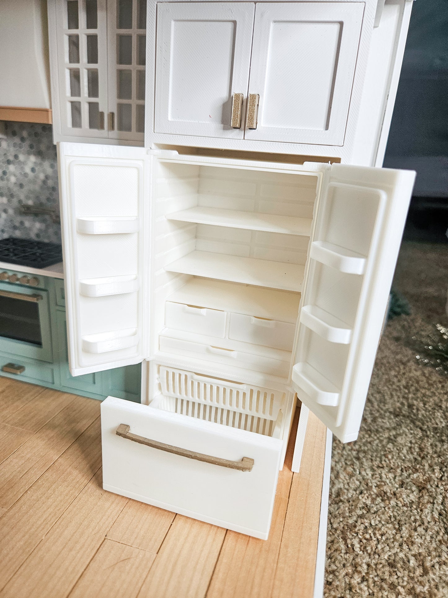 Dollhouse Kitchen French Door Fridge (Unpainted), Miniature Food, 1:12 Scale, Mini Refrigerator with Opening Doors