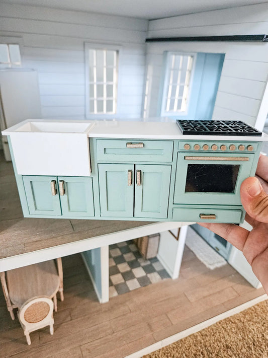 Dollhouse Kitchen Cabinets (Unpainted) With Mini Sink and Oven, Miniature Food, 1:12 Scale, Mini Kitchen, With Opening Cabinets and Drawers