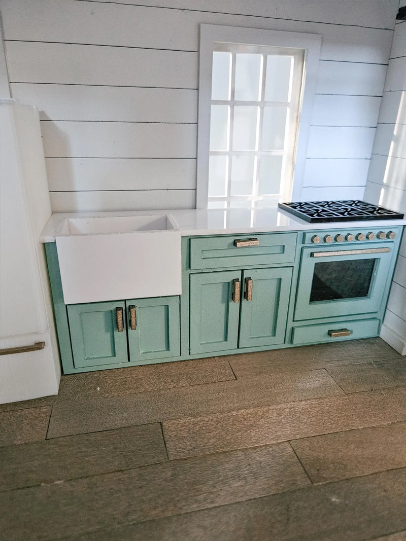 Dollhouse Kitchen Cabinets (Unpainted) With Mini Sink and Oven, Miniature Food, 1:12 Scale, Mini Kitchen, With Opening Cabinets and Drawers
