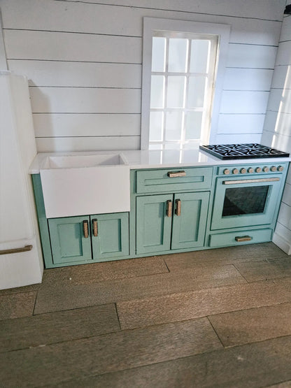 Dollhouse Kitchen Cabinets (Unpainted) With Mini Sink and Oven, Miniature Food, 1:12 Scale, Mini Kitchen, With Opening Cabinets and Drawers