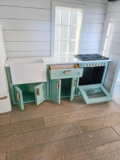 Dollhouse Kitchen Cabinets (Unpainted) With Mini Sink and Oven, Miniature Food, 1:12 Scale, Mini Kitchen, With Opening Cabinets and Drawers