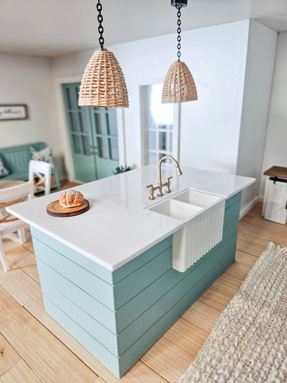 Dollhouse Kitchen, 1:12 Scale, Miniature Kitchen Furniture Set, Unpainted Dollhouse Kitchen, Mini Fridge Cabinets Island Full Kitchen