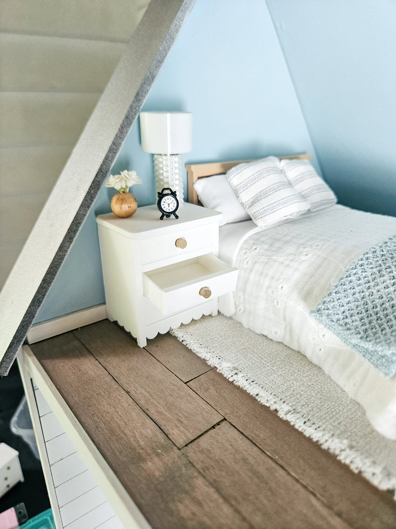 Dollhouse Miniature Nightstand (Unpainted) with Scallops and Opening Drawers, Dollhouse Nightstand, Mini Decor, Mini End Table, 1:12 Scale