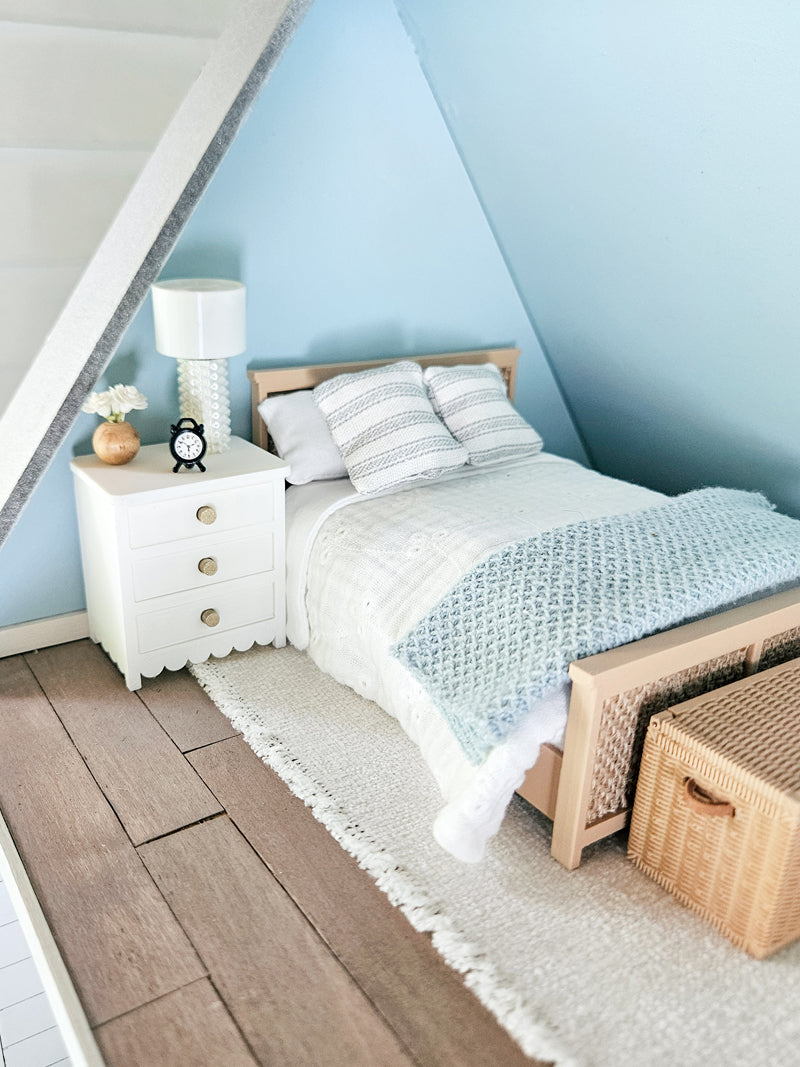 Dollhouse Miniature Nightstand (Unpainted) with Scallops and Opening Drawers, Dollhouse Nightstand, Mini Decor, Mini End Table, 1:12 Scale